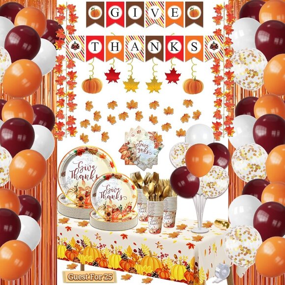 347 Pcs Thanksgiving Decorations for 25 Guests – Elegant Party Set with Banner